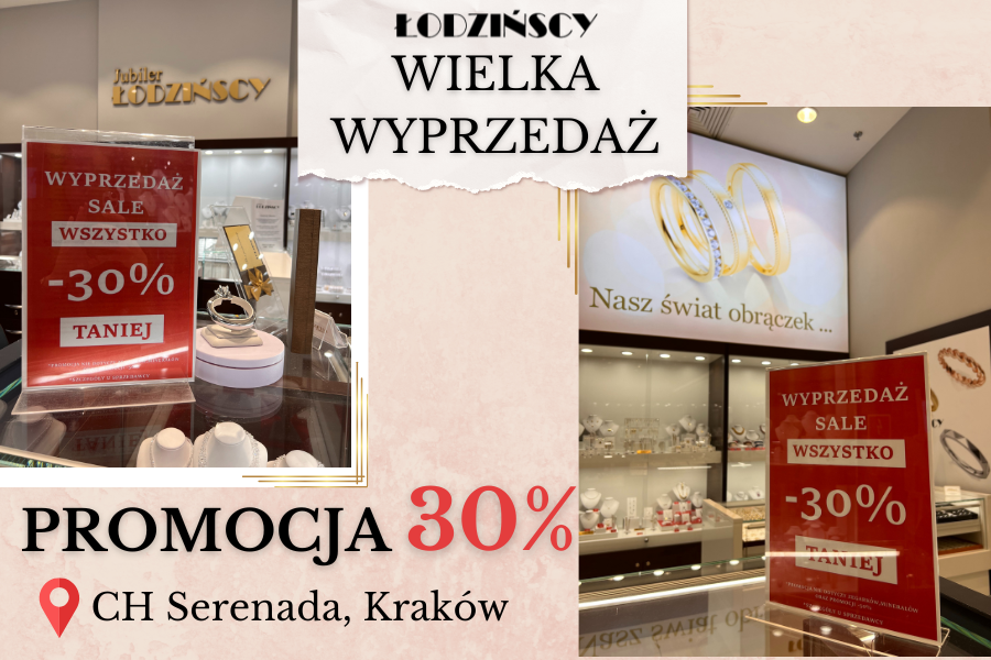 Likwidacja salonu jubilerskiego CH Serenada Kraków — okazja na biżuterię 30%